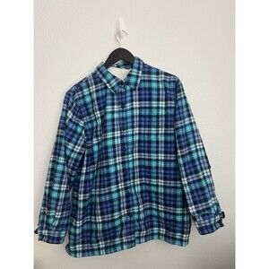 L.L. Bean Women's L Sherpa-Lined Flannel Jacket Shacket Blue Plaid Button-Up